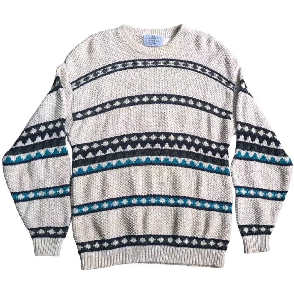 90s Intarsia Sweater Mens S Oversized Cotton Pullover Striped VTG Free Fall USA